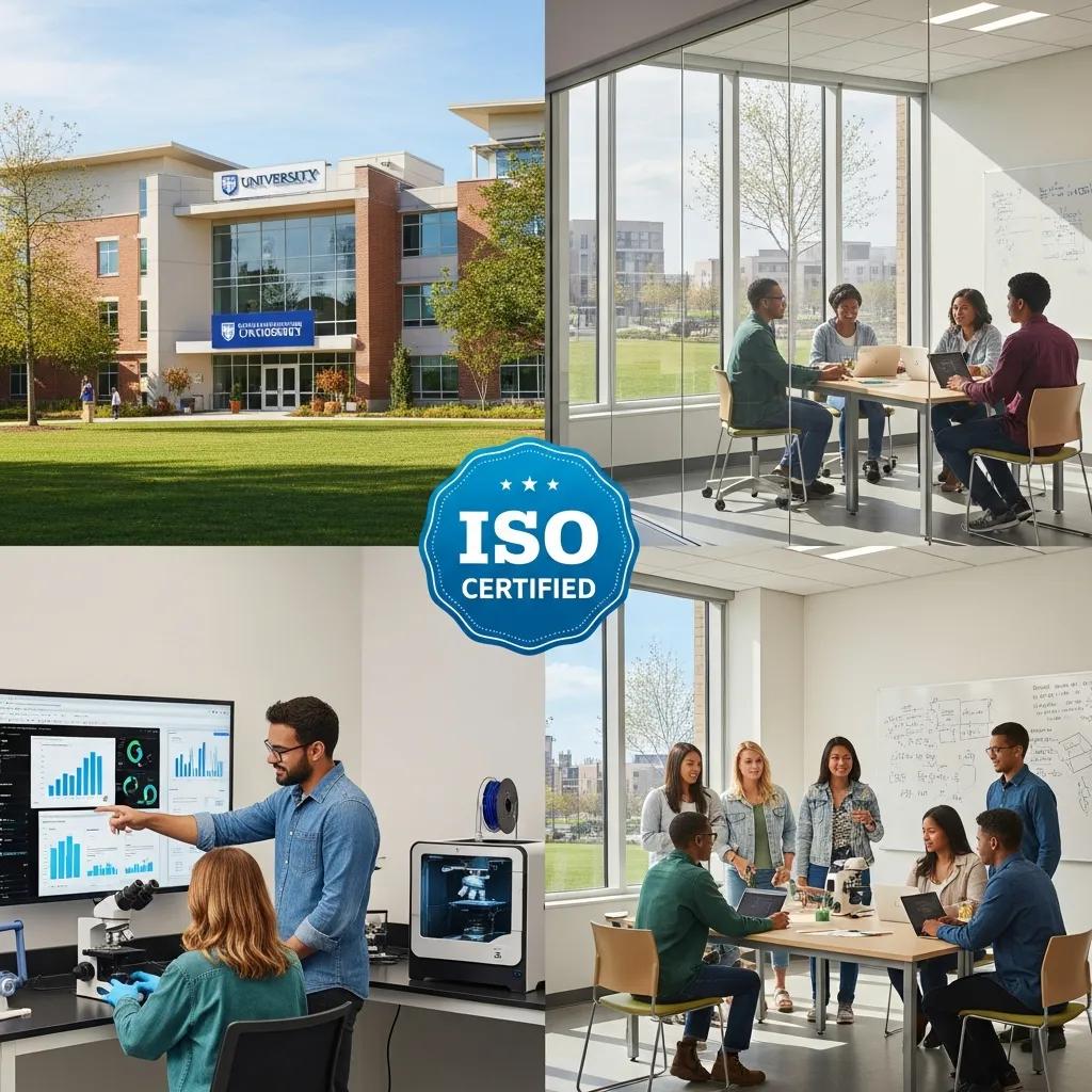 University campus scene showcasing students and faculty engaged in research, highlighting ISO certification benefits