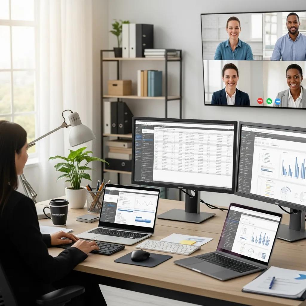 Virtual audit session with diverse auditors using laptops and digital documents