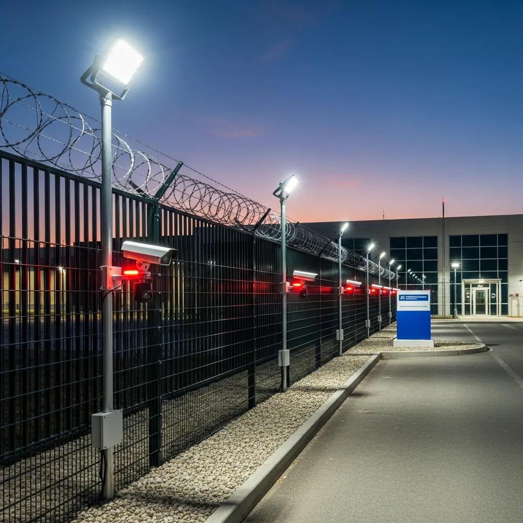 Perimeter layout showing fencing, lighting, and checkpoint controls for facility protection