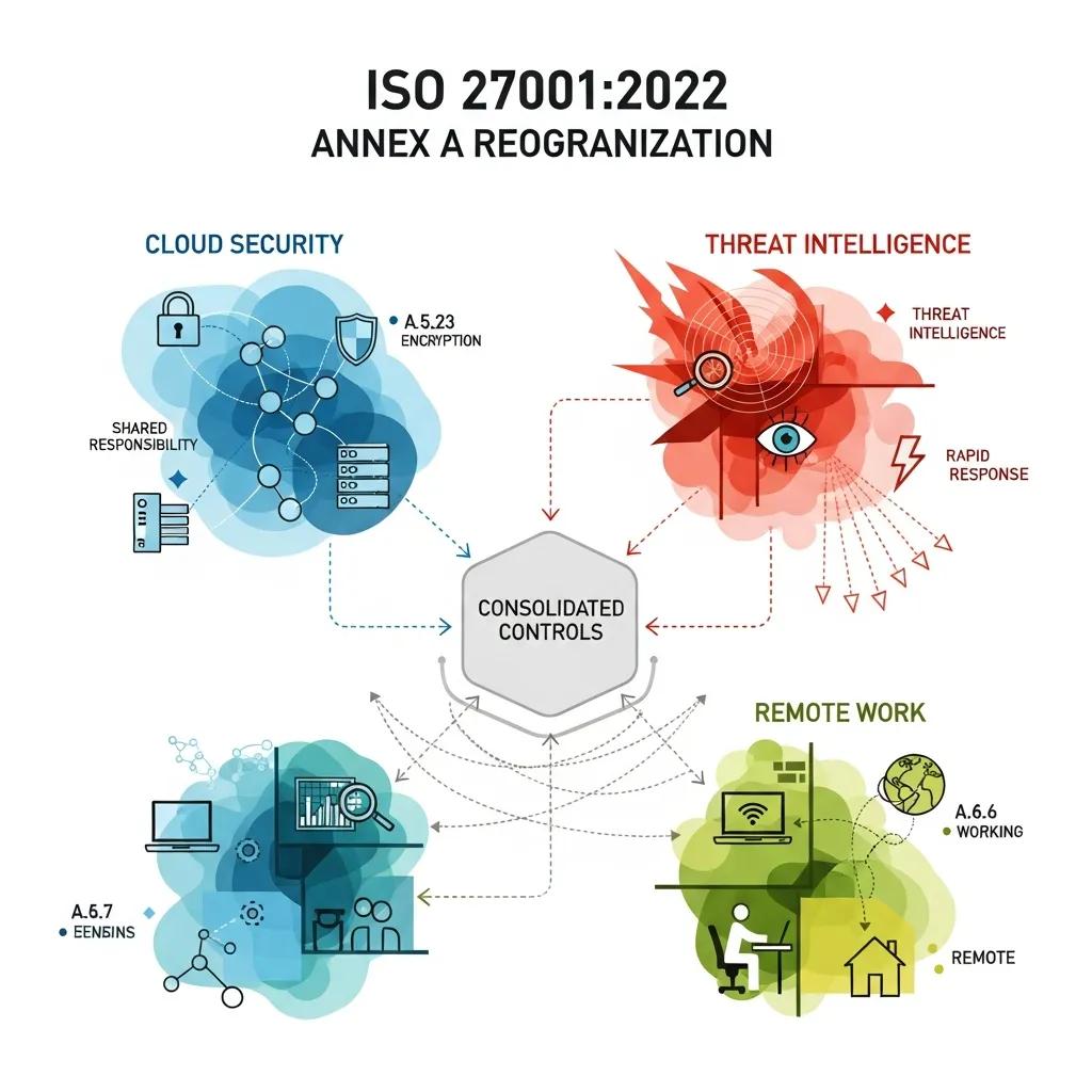 Diagram showing changes to Annex A controls in ISO 27001:2022