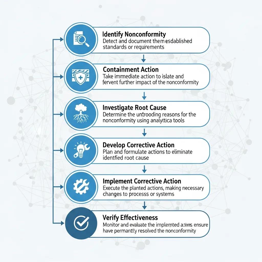 Diagram showing the six‑step corrective action process for ISO compliance