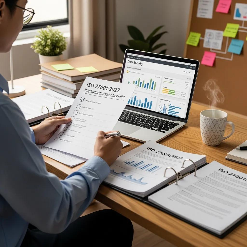 Workspace with checklist and documents for ISO 27001:2022 implementation