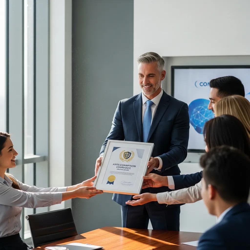 Leader presenting ISO 37001 certification to a corporate team
