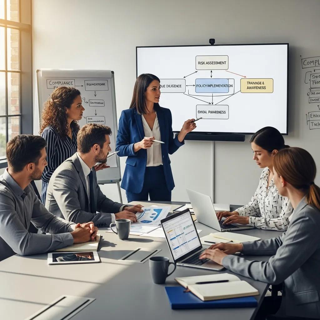 Business professionals collaborating on anti-corruption compliance strategies in a modern office