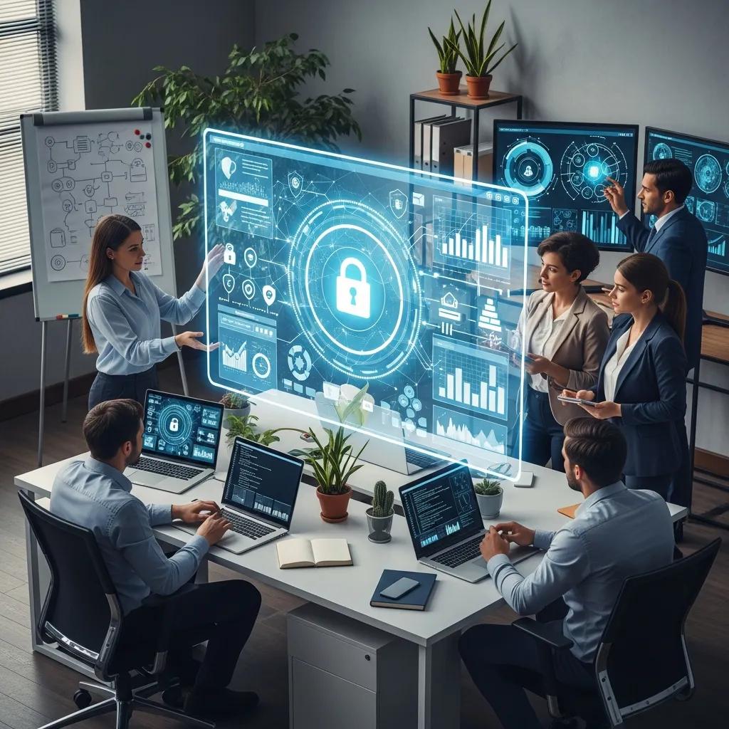 Team of professionals collaborating on information security strategies with digital interfaces